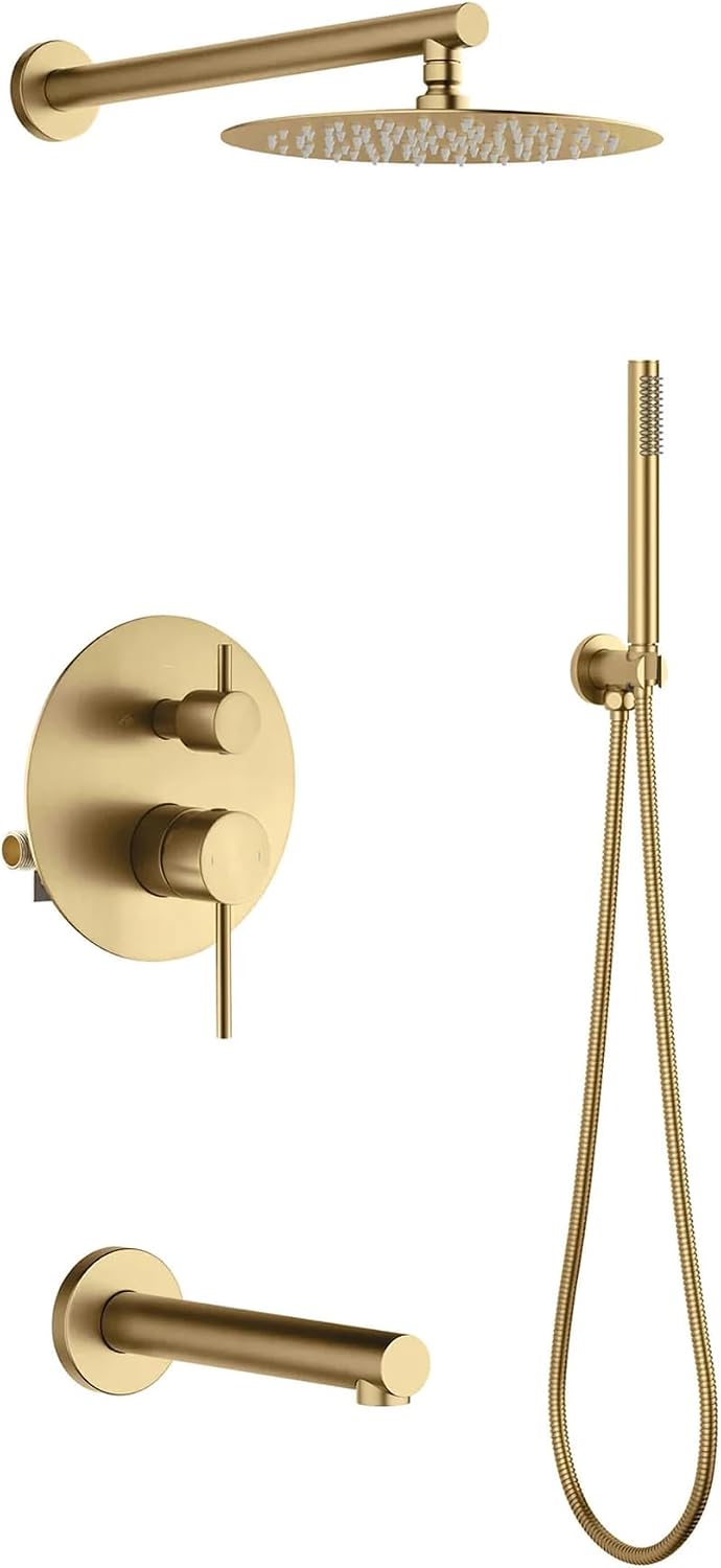 KIBI Circular Bathroom Shower System | 3-Function Wall Mounted Shower Faucet Set with Solid Brass Pressure Balanced Valve | Three Hand Shower Modes | 15-inch Long Shower Arm | Brushed Brass (KSF404)