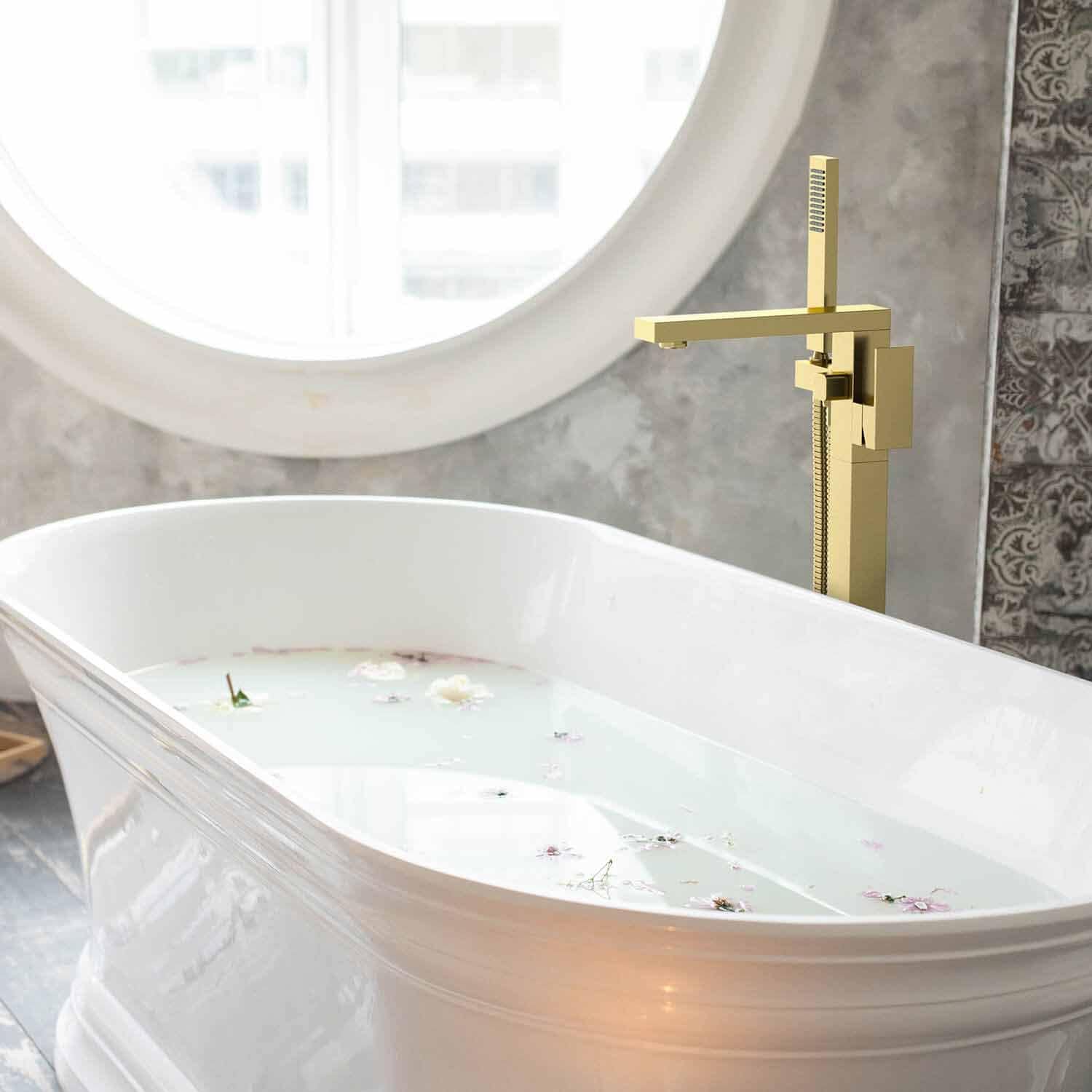 KIBI Freestanding Bathtub Faucet with Hand Shower, Floor Mounted Tub Filler – Single Handle Solid Brass Bathroom Faucet with Ceramic Cartridge & Stainless Steel Hose, Brushed Gold (KTF302BG)