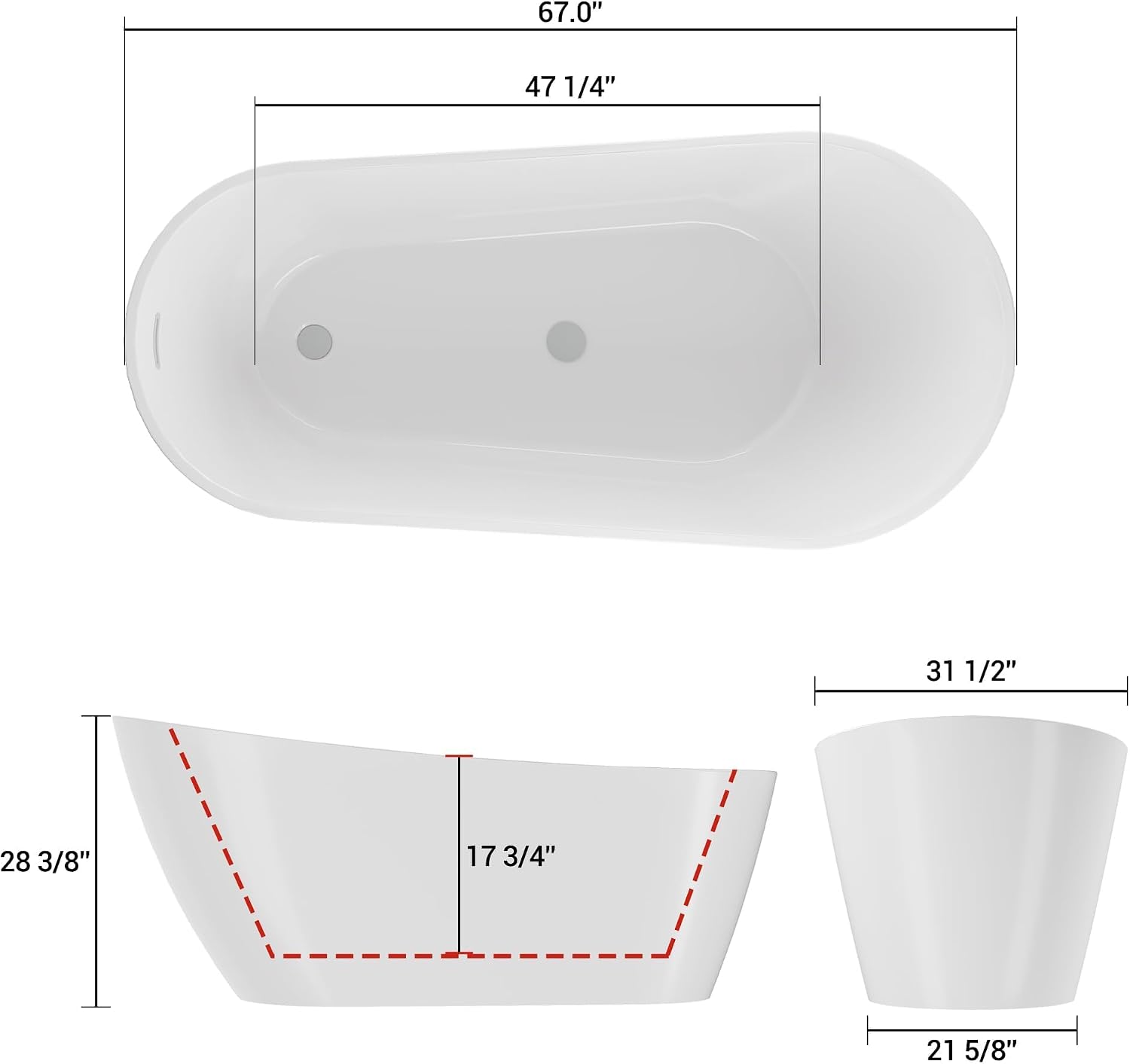 GarveeHome 67'' Acrylic Freestanding Bathtub, Deep Soaking Tub, Non-Slip Upright Bathtub for Adults, cUPC Certified Bath, Chrome Drain, Modern, Bathroom, Scratch Resistant White Tub