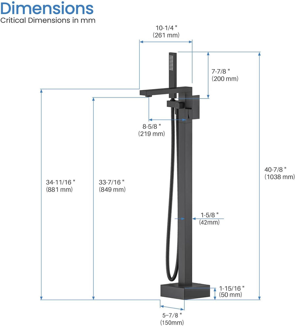 KIBI Freestanding Bathtub Faucet with Hand Shower, Floor Mounted Tub Filler - Single Handle Solid Brass Bathroom Faucet with 360 Swivel Spout, Cube Matte Black
