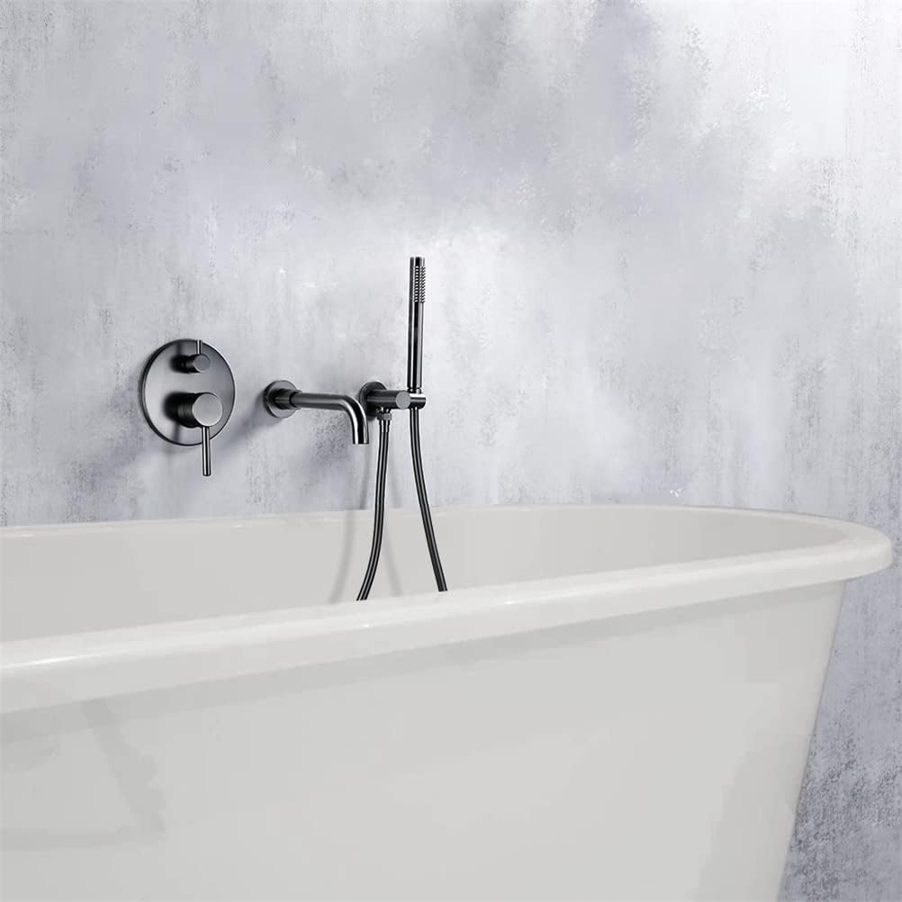 Bathtub Faucet with Shower, Tub Taps Hot and Cold Bathroom Faucet Brushed Brass Shower Faucet Diverter, with Wall Mount Spout Handheld Hose Bathtub Filler Mixer Tap Set, Gray