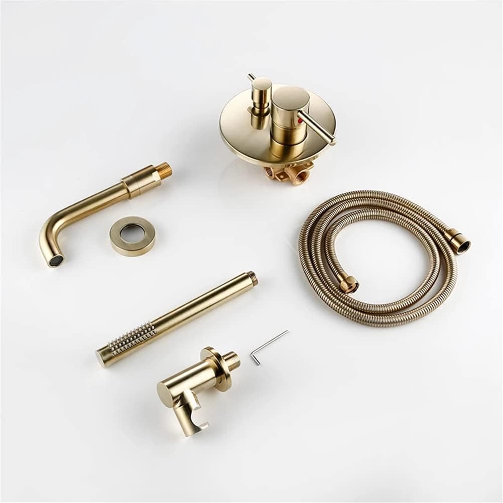 Bathtub Faucet with Shower, Tub Taps Hot and Cold Bathroom Faucet Brushed Brass Shower Faucet Diverter, with Wall Mount Spout Handheld Hose Bathtub Filler Mixer Tap Set,Brushed Gold