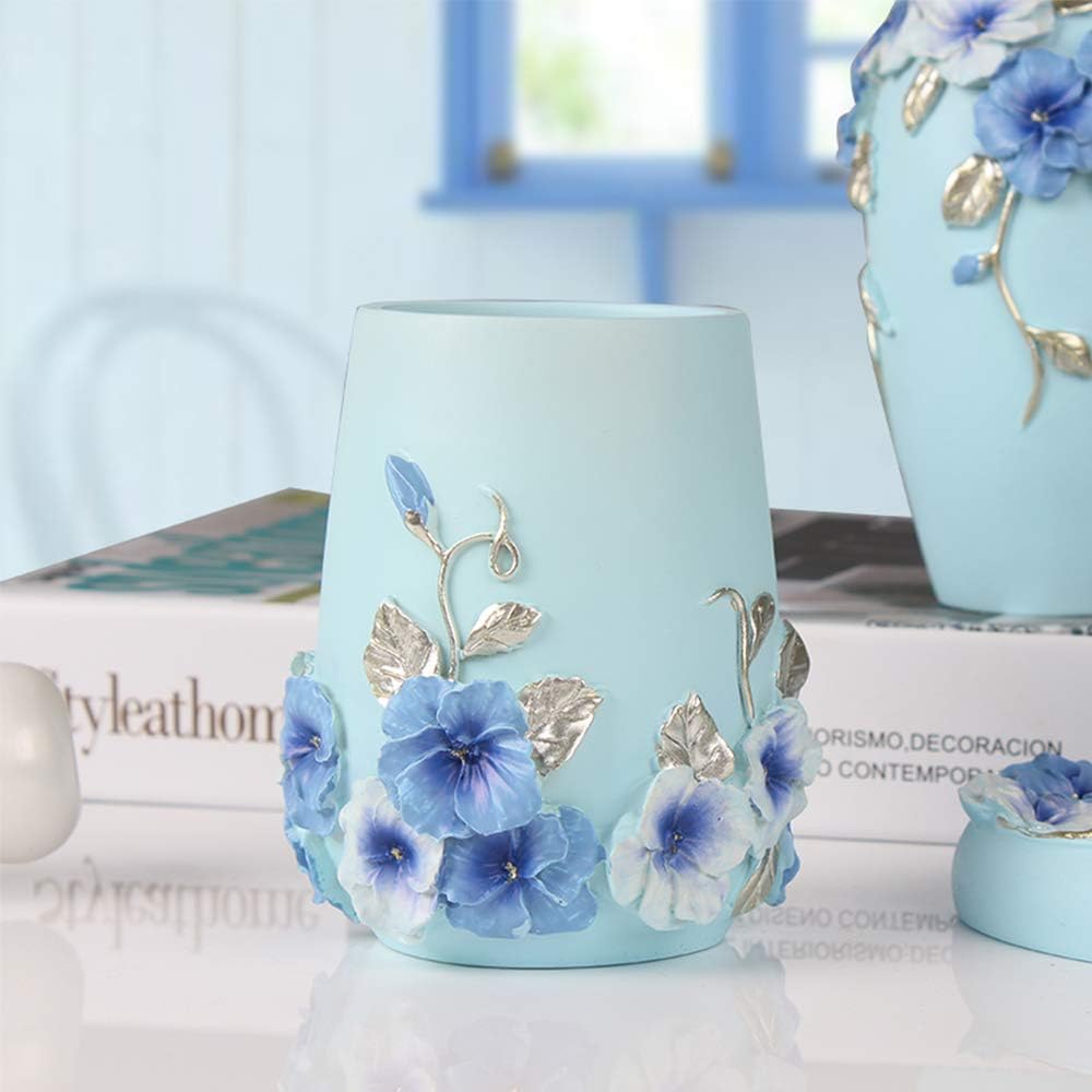 Bathroom Accessories Set Creativity Romantic Wedding Bath Set Resin Bath Ensemble Includes Toothbrush Holder, 2 Tumblers, Liquid Soap Dispenser, Soap Dish,Blue