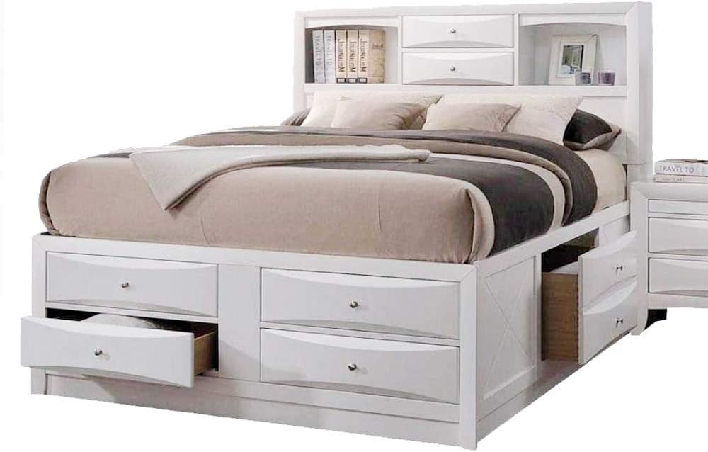 Queen Bed with Storage, Solid Wood Queen Size Bed Frame with Headboard (2 Bookcase, 2 Drawers), Footboard (4 Drawers), Rail with 2 Drawers, Wooden Slat, No Box Spring Needed, White