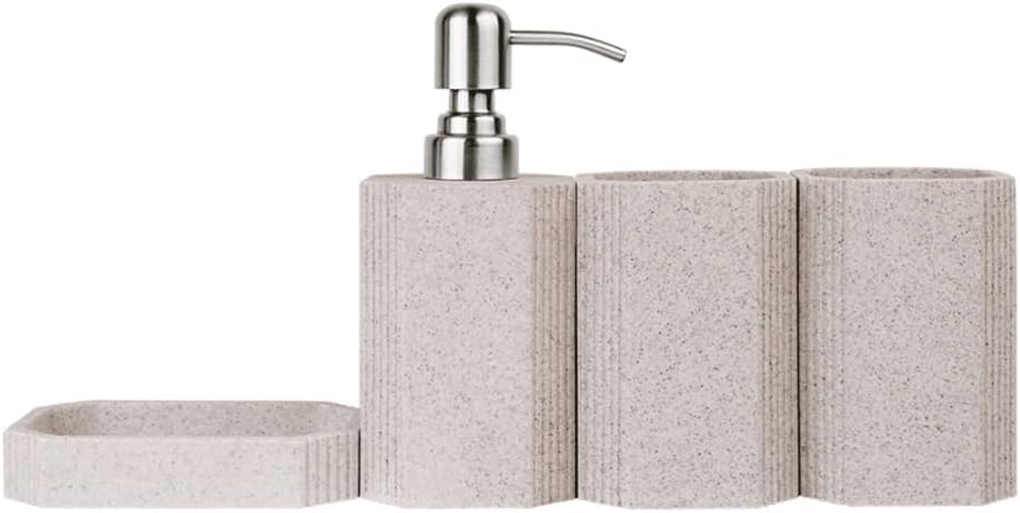 Bathroom Accessory Set Complete,Vertical Stripe Design Bathroom Set Gray,Lotion Dispenser,Soap Dish,Storage Jar,Tumbler,Tray Set(Pink 4 Pack)