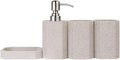 Bathroom Accessory Set Complete,Vertical Stripe Design Bathroom Set Gray,Lotion Dispenser,Soap Dish,Storage Jar,Tumbler,Tray Set(Pink 4 Pack)