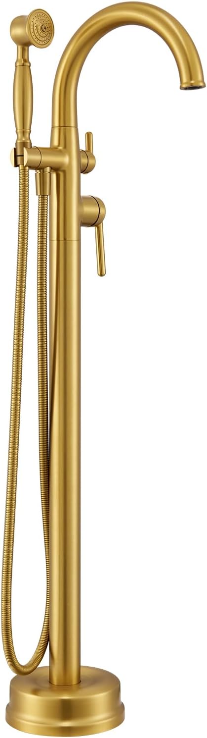 Free Standing Tub Faucet, Wintap Brass Antique Freestanding Bathtub Filler with Handheld Sprayer Max 6.6GPM/60PSI Classic Brushed Gold WT-9811BG