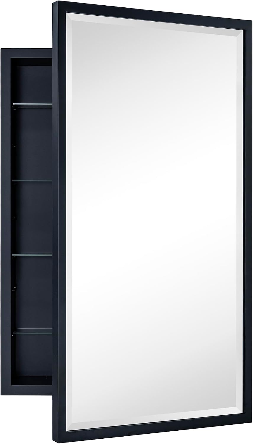 TEHOME Black Recessed Bathroom Medicine Cabinet with Mirror Squared Corner Rectangle Metal Framed Medicine Cabinet with Beveled Mirror 20x30''