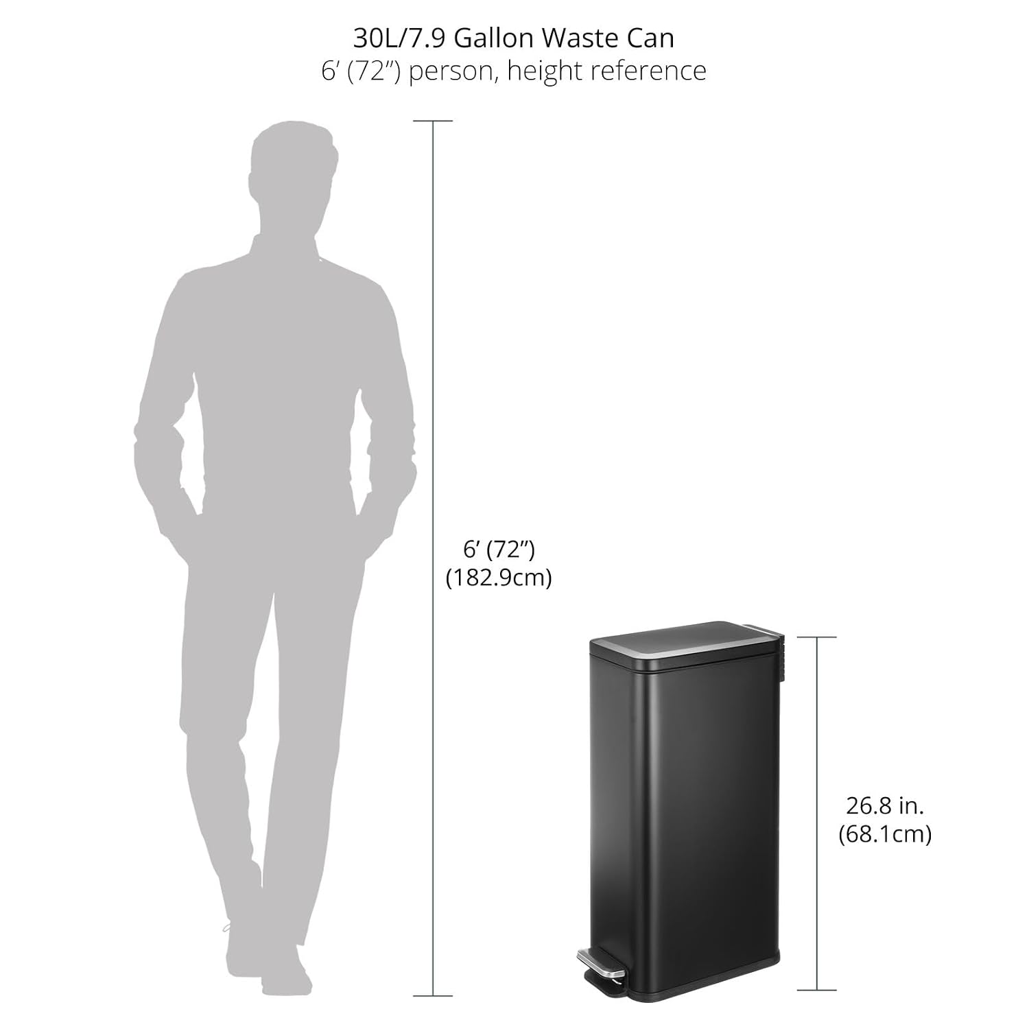 mDesign Slim Metal Rectangle 7.9 Gallon Trash Can with Step Pedal, Easy-Close Lid, Removable Liner - Narrow Wastebasket Garbage Container Bin for Bathroom, Bedroom, Kitchen, Office - Black