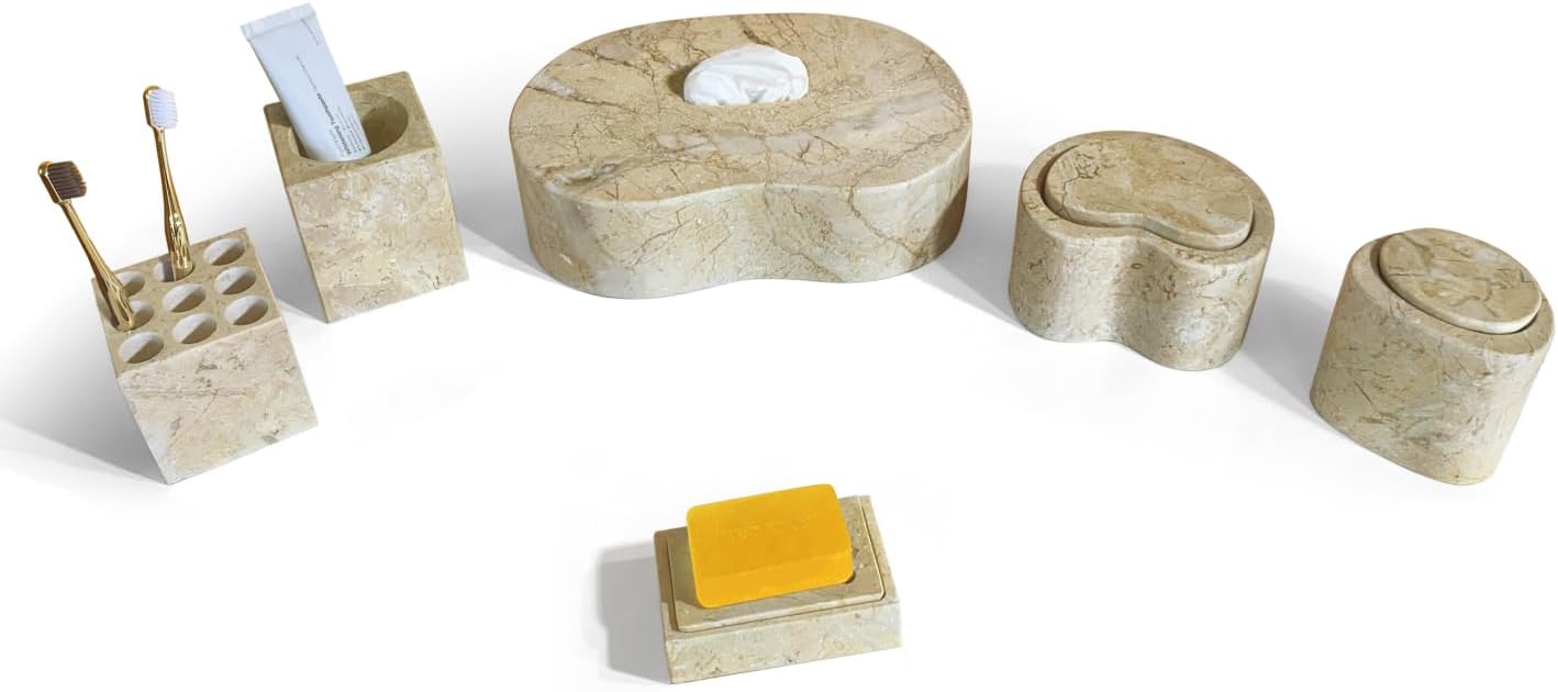 Natural Marble Bathroom Accessories Set, Beige Gold - 6-Piece Set for Modern Home Decor