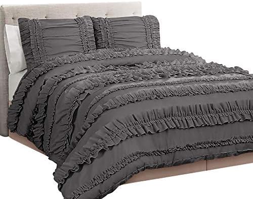 5 Piece Full Ruffles Layers Duvet Cover Set with Zipper Closure, 100% Egyptian Cotton, 1000 Thread Cotton - Full/Queen Size - Dark Grey Solid