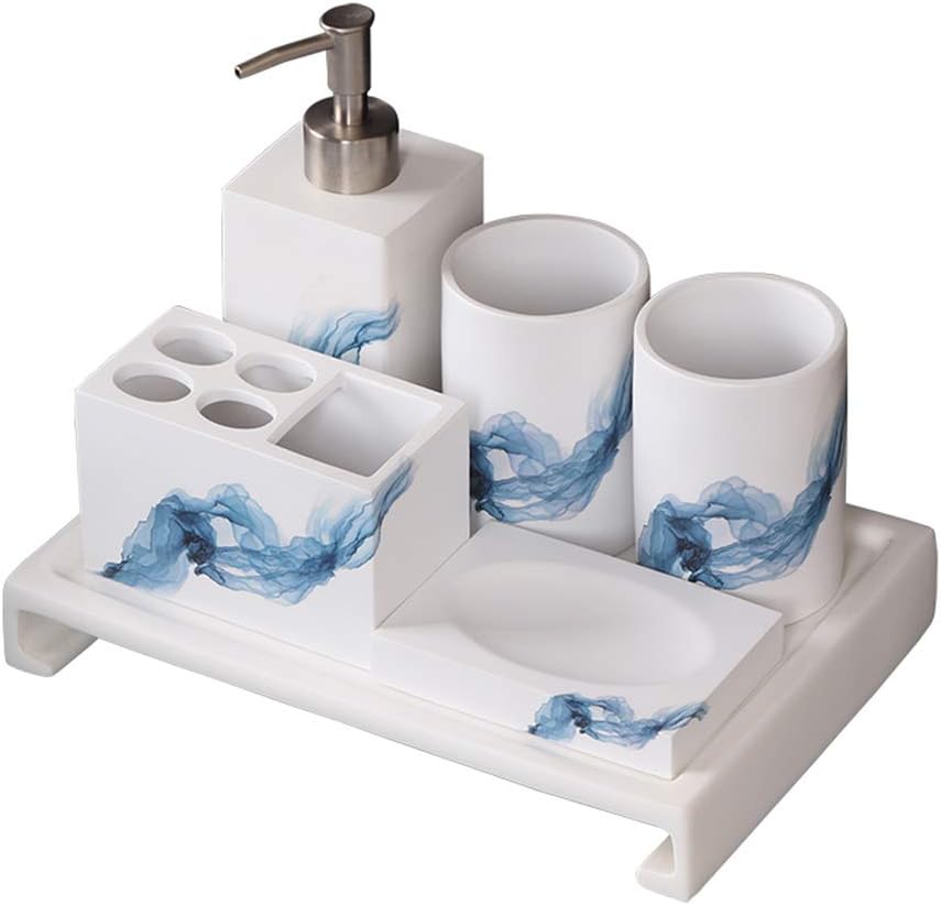 Ancient Style Bathroom Accessories Set Resin Bath Ensemble Includes Toothbrush Holder, 2 Tumblers, Liquid Soap Dispenser, Soap Dish, Printed Blue,with Reverse Tray