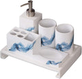 Ancient Style Bathroom Accessories Set Resin Bath Ensemble Includes Toothbrush Holder, 2 Tumblers, Liquid Soap Dispenser, Soap Dish, Printed Blue,with Reverse Tray