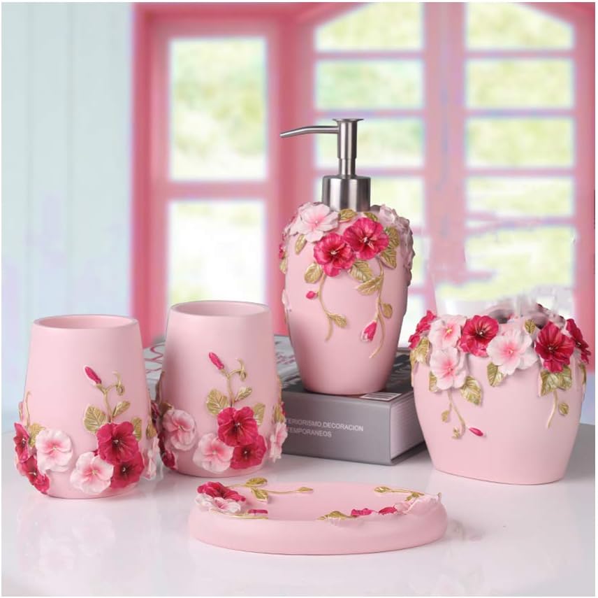 Bathroom Accessories Set Creativity Romantic Wedding Bath Set Resin Bath Ensemble Includes Toothbrush Holder, 2 Tumblers, Liquid Soap Dispenser, Soap Dish,Pink