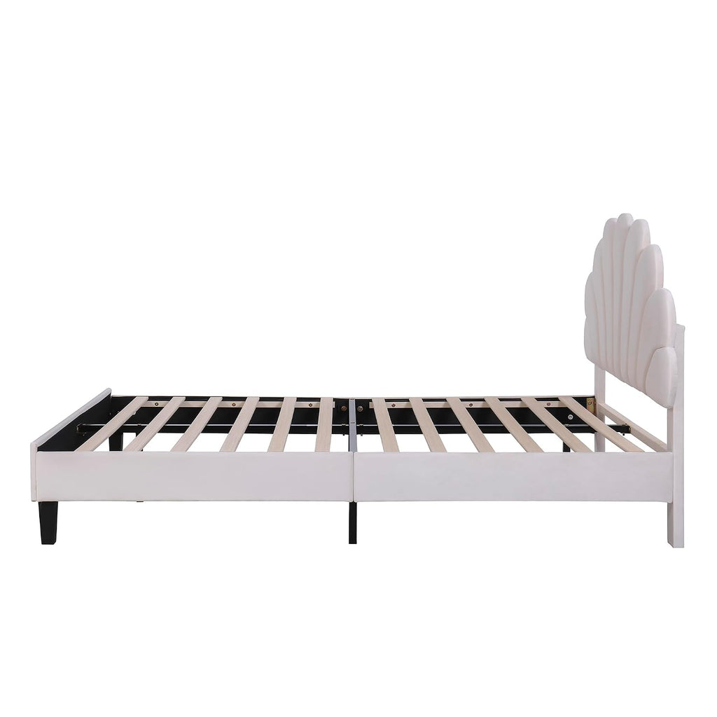 Full Size Velvet Upholstered Platform Bed with Flower Pattern Headboard,Bed Frame W/Wood Slat Support,for Bedroom,Apartment,Guest Room,Beige