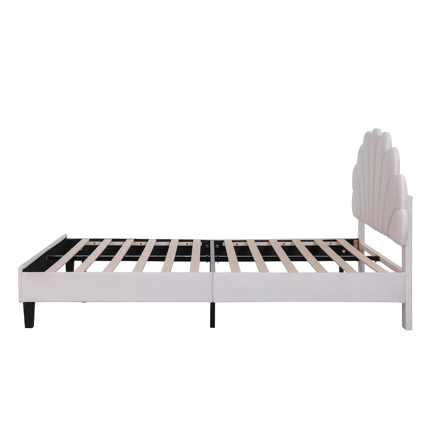 Full Size Velvet Upholstered Platform Bed with Flower Pattern Headboard,Bed Frame W/Wood Slat Support,for Bedroom,Apartment,Guest Room,Beige