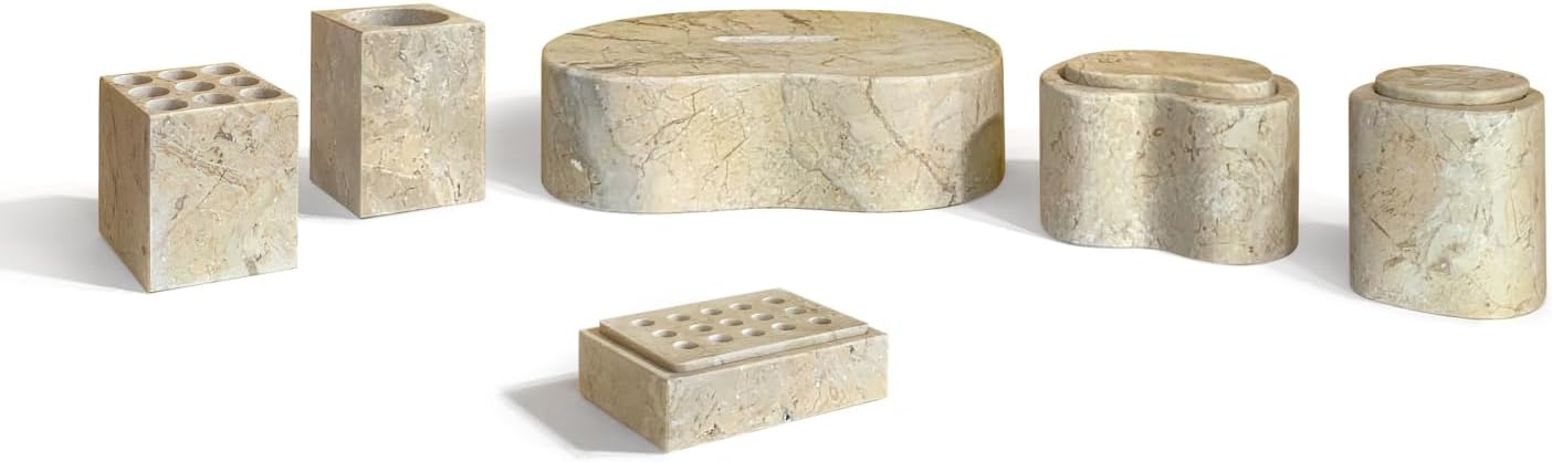 Natural Marble Bathroom Accessories Set, Beige Gold - 6-Piece Set for Modern Home Decor