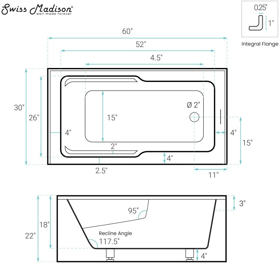 Swiss Madison Voltaire 60 x 30 Skirted Right Drain Soaking Apron Bathtub in Glossy White with Integrated Overflow and Armrest, Drain Included