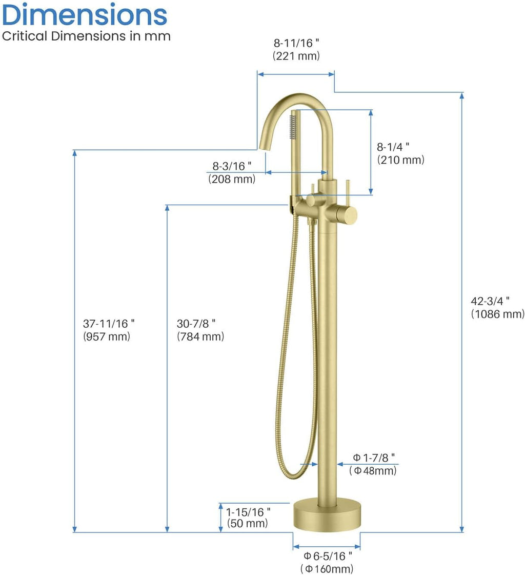 KIBI Circular Floor Mount Bathtub Faucet with Hand Shower | Single Handle Freestanding Tub Filler | Modern Bath Faucet | Brushed Gold Finish | Solid Brass | KTF301