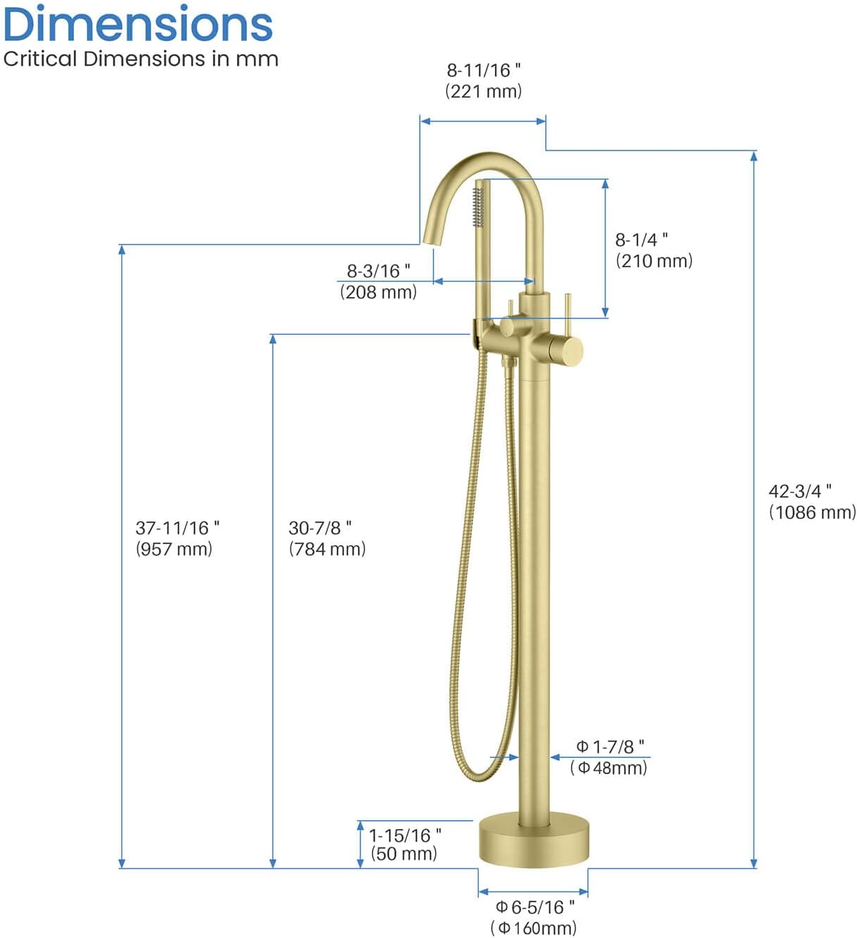 KIBI Circular Floor Mount Bathtub Faucet with Hand Shower | Single Handle Freestanding Tub Filler | Modern Bath Faucet | Brushed Gold Finish | Solid Brass | KTF301