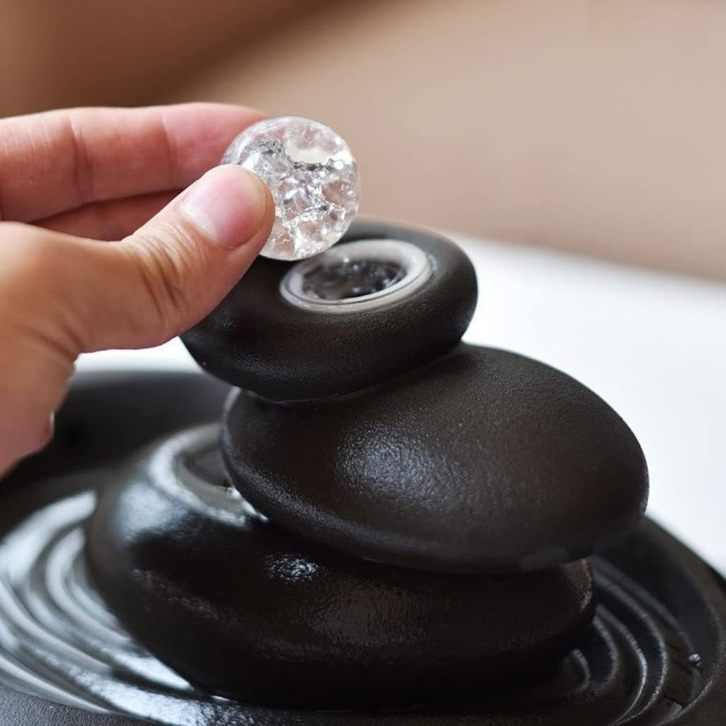 HIHELO Desktop Fountain Casual Tabletop Fountain Ceramic Zen 3 Tier Stone Mountain Fountain Home Ceramic Decor Crafts, Black Water Fountain Outdoor