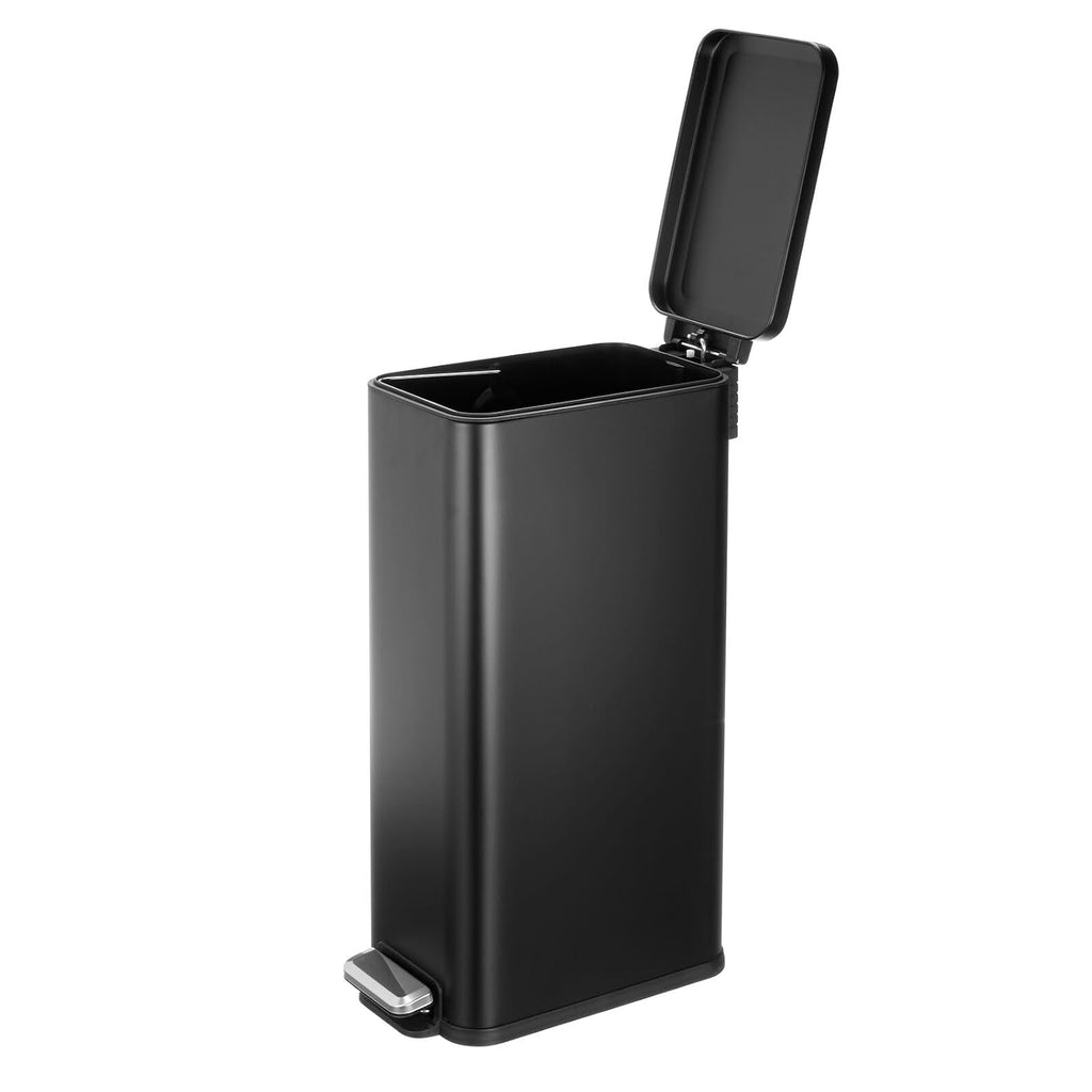 mDesign Slim Metal Rectangle 7.9 Gallon Trash Can with Step Pedal, Easy-Close Lid, Removable Liner - Narrow Wastebasket Garbage Container Bin for Bathroom, Bedroom, Kitchen, Office - Black