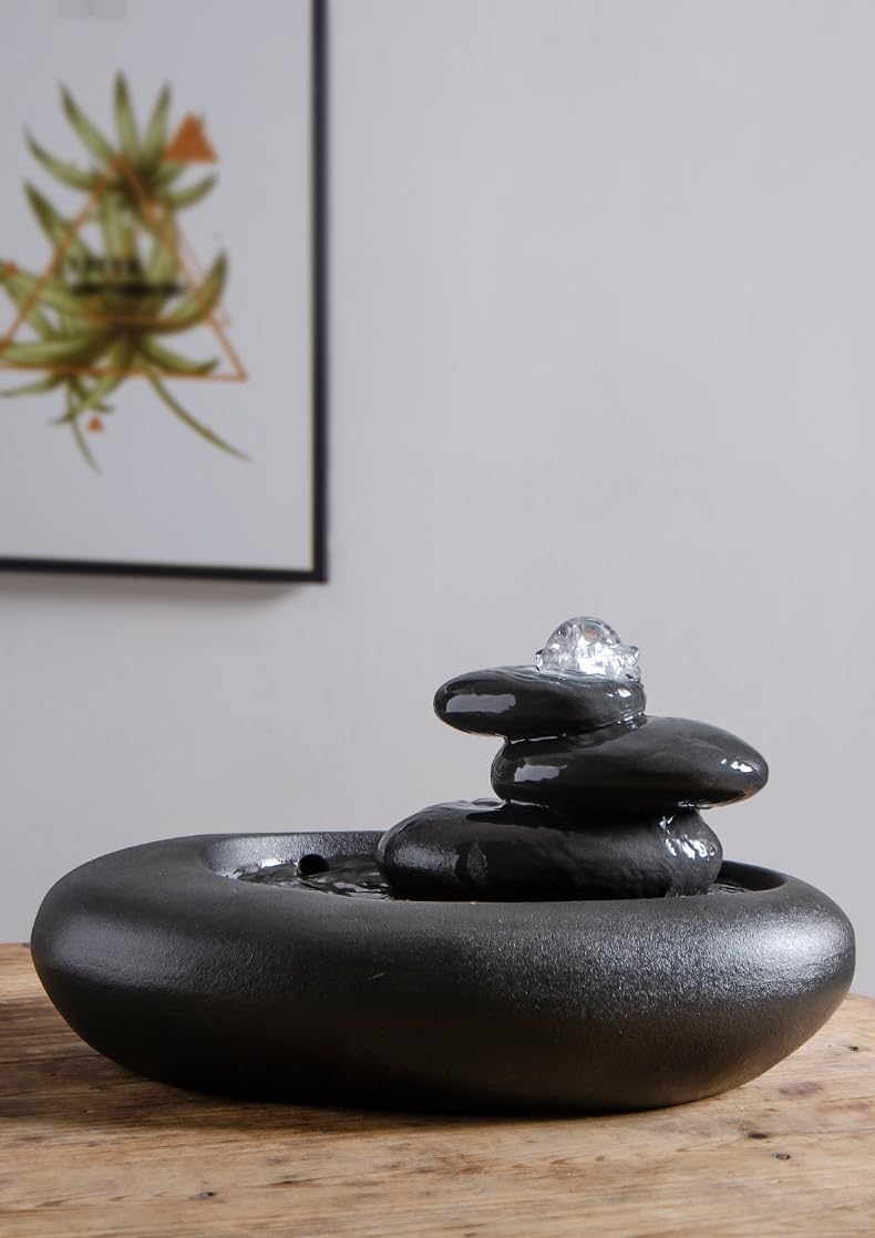 Modern Stone Stack Water Fountain with LED Light - Small Indoor Zen Fountain for Relaxation and Meditation