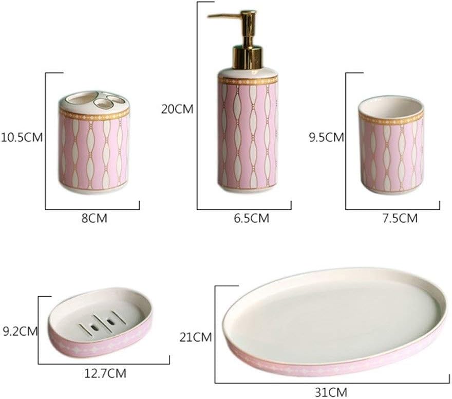 Kitchen Soap Dispenser 6-piece Ceramic Bathroom Accessories Set Soap Dispenser Toothbrush Holder Mug Soap Dish and Utility Tray Household Items Gift Countertop Soap Dispensers ( Color : Pink )