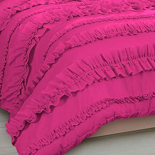 5 Piece Full Ruffles Layers Duvet Cover Set with Zipper Closure, 100% Egyptian Cotton, 1000 Thread Cotton - Full/Queen Size - Hot Pink Solid