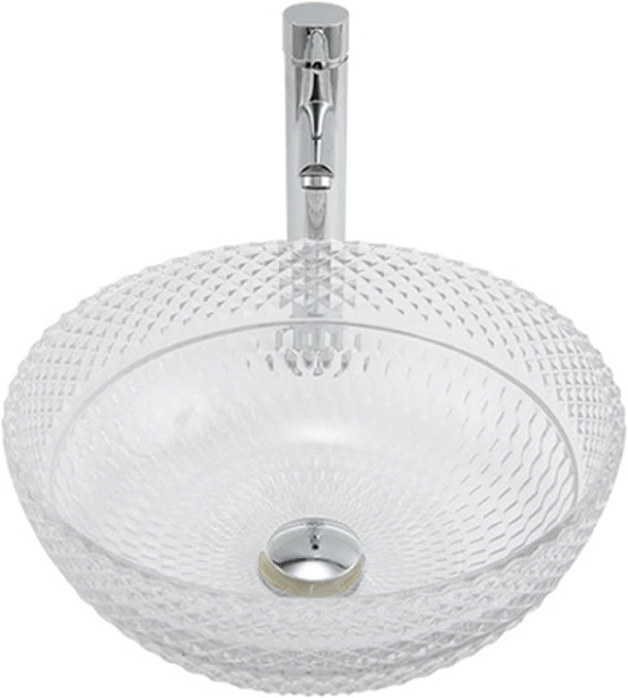 Tempered Glass Vessel Bathroom Vanity Sink Round Bowl, Transparent Above Counter Bathroom Vessel Vanity Sink with Chrome Faucet and Pop-Up Drain Combo,Single Basin Set (Complete Set)