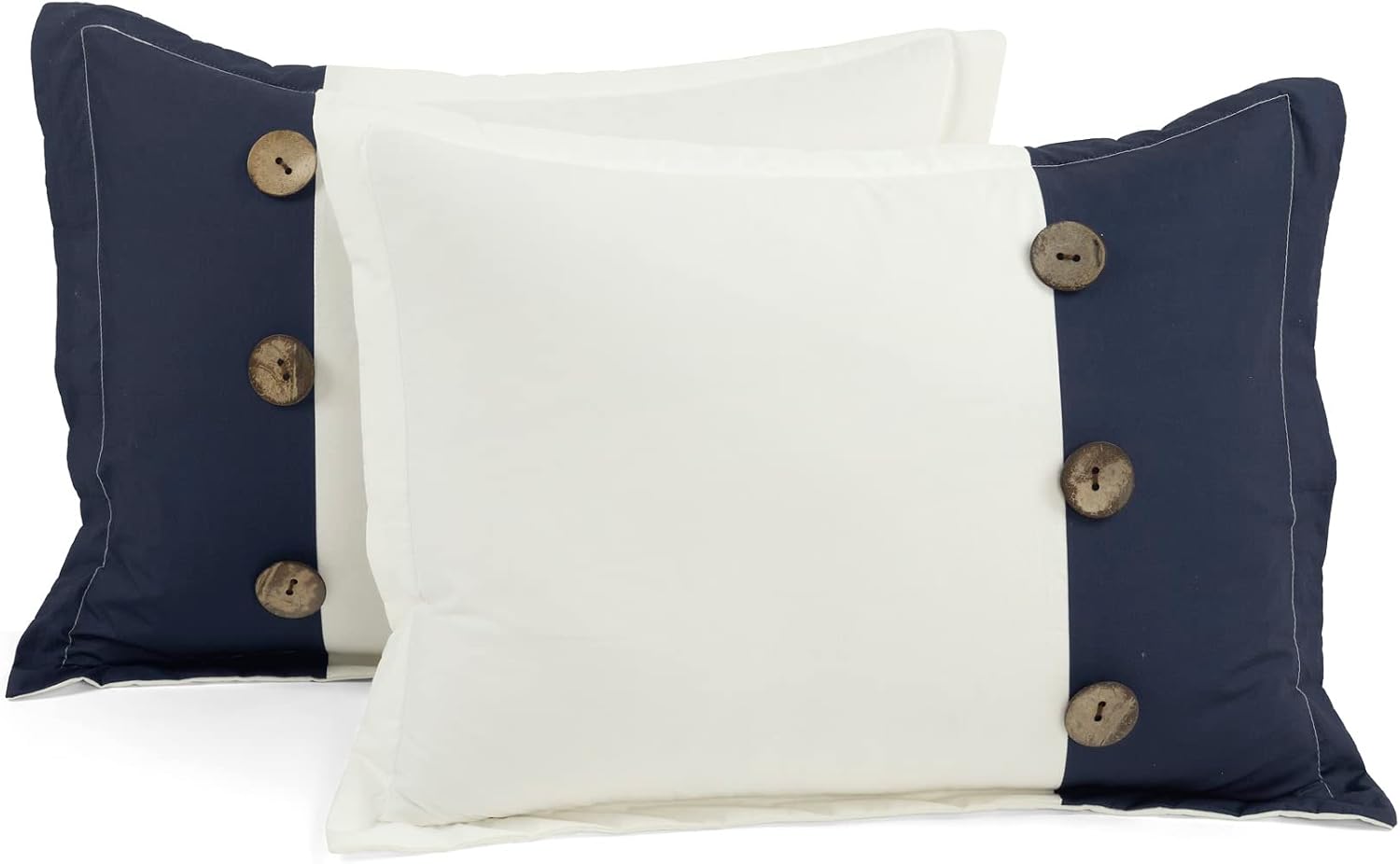Lush Decor Linen Button Farmhouse 5 Piece Comforter Set, Full/ Queen, Navy - Rustic Chic Bedding Set With Euro Shams - Modern Color Block Design With Coconut Husk Button Detail