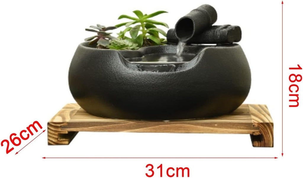 HIHELO Desktop Fountain Ceramic Tabletop Fountain for Indoor and Outdoor Office Patio Black Ceramic Fountain with Pump and Wooden Base Water Fountain Outdoor (Color : A)
