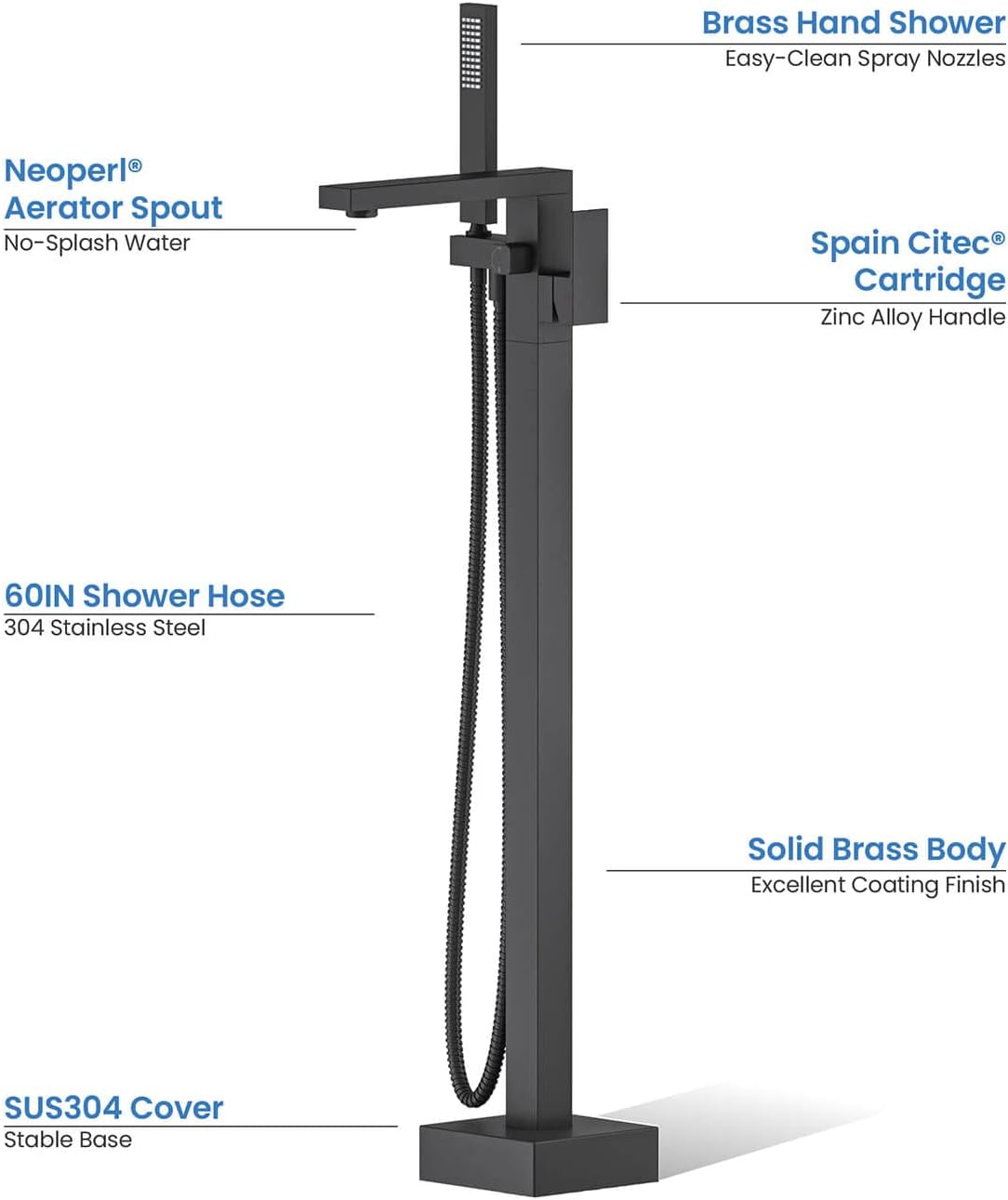 KIBI Freestanding Bathtub Faucet with Hand Shower, Floor Mounted Tub Filler - Single Handle Solid Brass Bathroom Faucet with 360 Swivel Spout, Cube Matte Black
