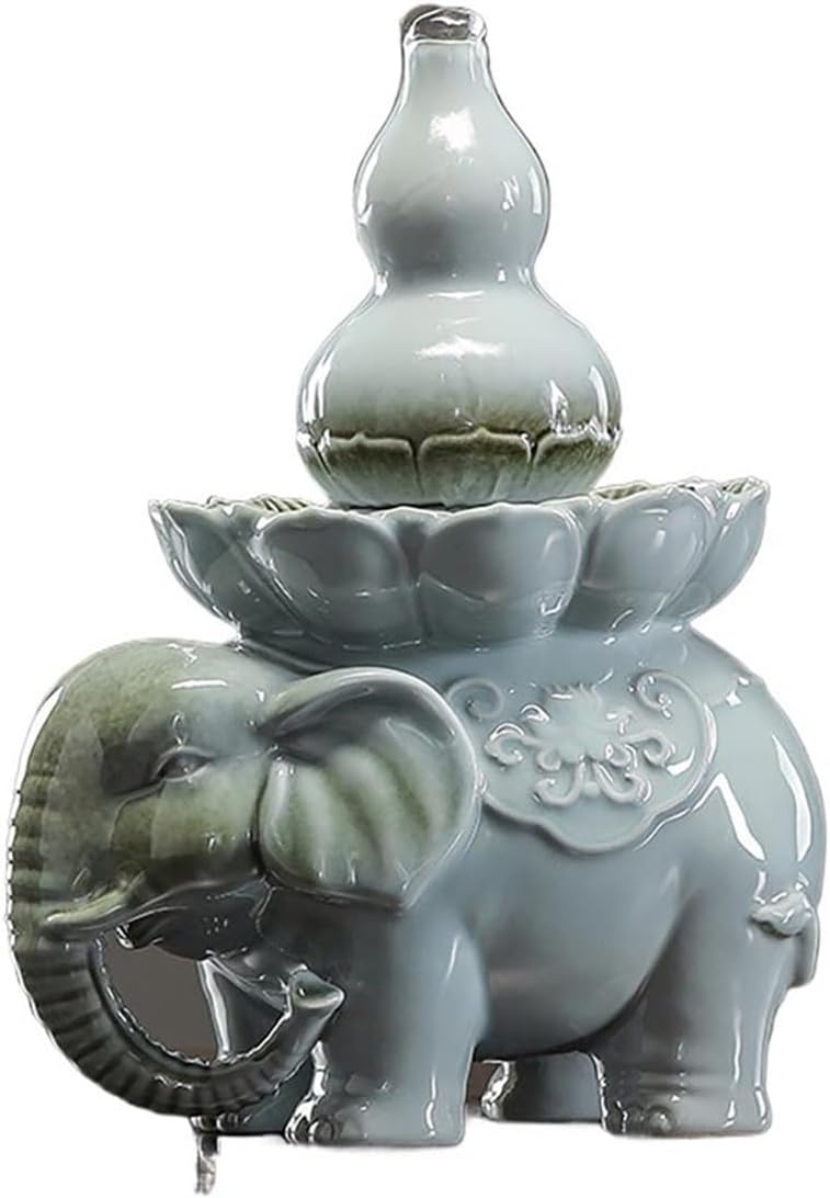 Tabletop Chinese Style Water Tabletop Fountain Ceramic Elephant Flowing Water Ornament Decor(Blue)