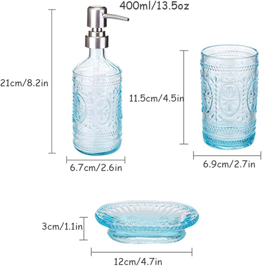 4 Pcs Blue Glass Bathroom Accessories Set,Soap Dispenser W/Vintage Embossed,Gift for Home Apartment Bathroom Decor,Baroque Style