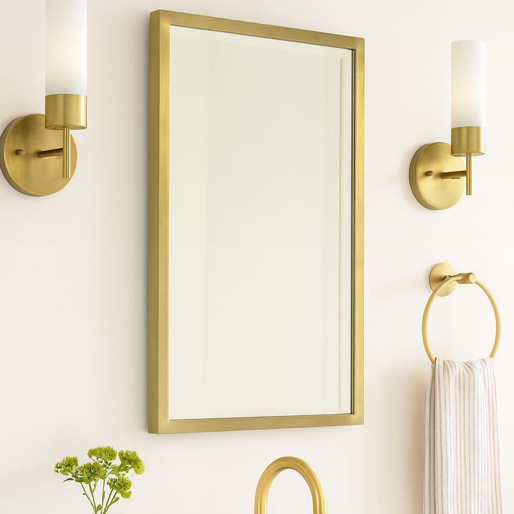 TEHOME Gold Metal Framed Recessed Bathroom Medicine Cabinet with Mirror Rectangle Tilting Beveled Vanity Mirrors for Wall 16 x 24 inches