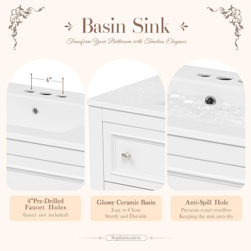 36 Inch Bathroom Vanity with Undermount Ceramic Sink, Free Standing Cabinet with 4 Drawers, Solid Wood Frame Modern Storage Set, Complete Single Basin Vanity for Bathroom (White)
