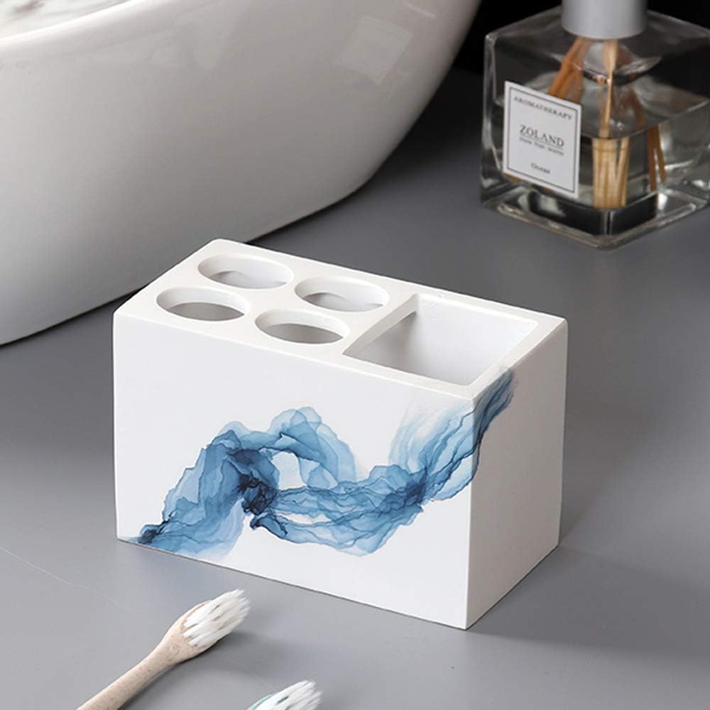 Ancient Style Bathroom Accessories Set Resin Bath Ensemble Includes Toothbrush Holder, 2 Tumblers, Liquid Soap Dispenser, Soap Dish, Printed Blue,Without Tray