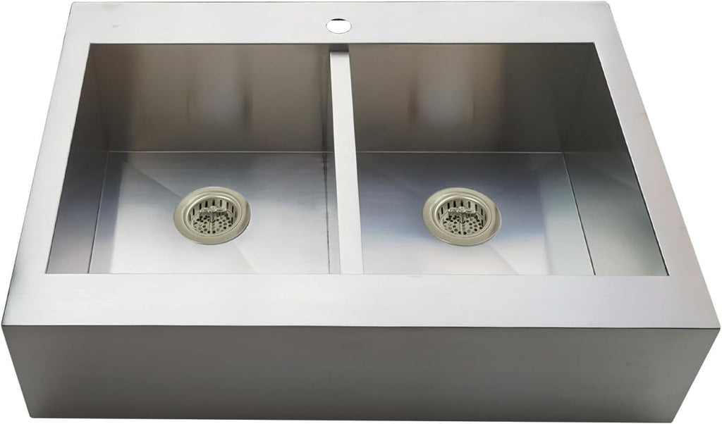 Kingston Brass Edinburg KGKTDF3624918 36' Stainless Steel Double Bowl Drop-In Kitchen Sink with 1-Hole Drain and Strainer, Stainless Steel/Brushed Nickel