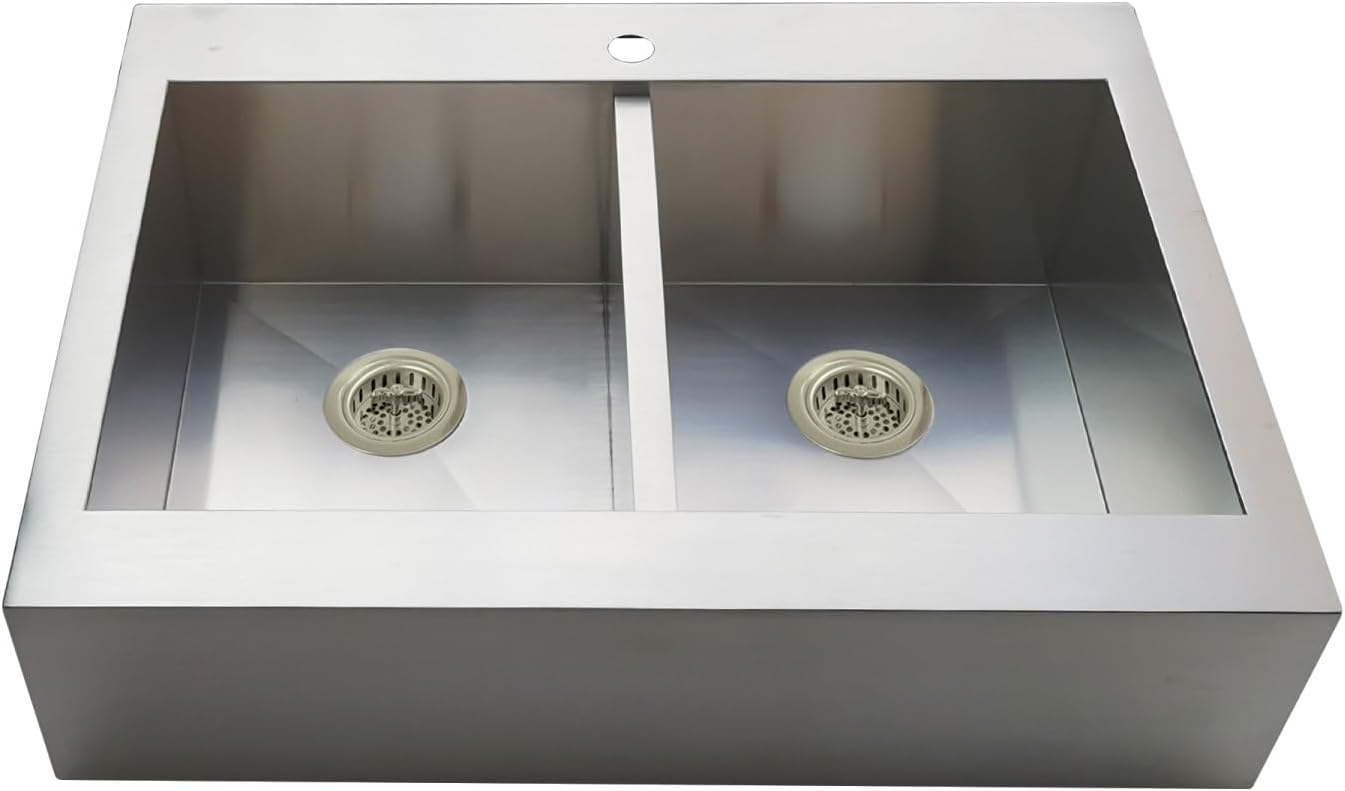 Kingston Brass Edinburg KGKTDF3624918 36' Stainless Steel Double Bowl Drop-In Kitchen Sink with 1-Hole Drain and Strainer, Stainless Steel/Brushed Nickel