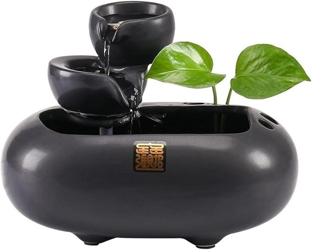 Tabletop Ceramic Waterfall Indoor Fountain Tabletop Water for Office Home Decor(Black)