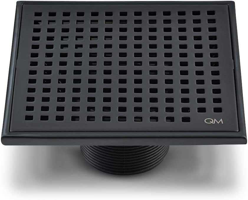 QM Square Shower Drain, Grate made of Stainless Steel Marine 316 and Base made of ABS, Lagos Series Mira Line, 5 inch 3/4, ORB/Black Finish, Kit includes Hair Trap/Strainer and Key