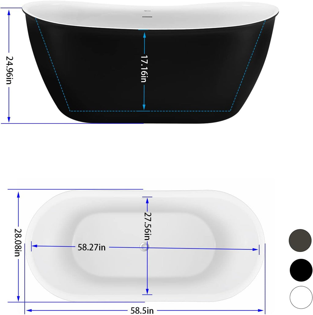 59' Lucite Acrylic Freestanding Bathtub, Double Slipper Shape Contemporary Soaking Tub with Toe-tap Chrome Center Drain, Slotted Overflow, cUPC Certified,Matte Black