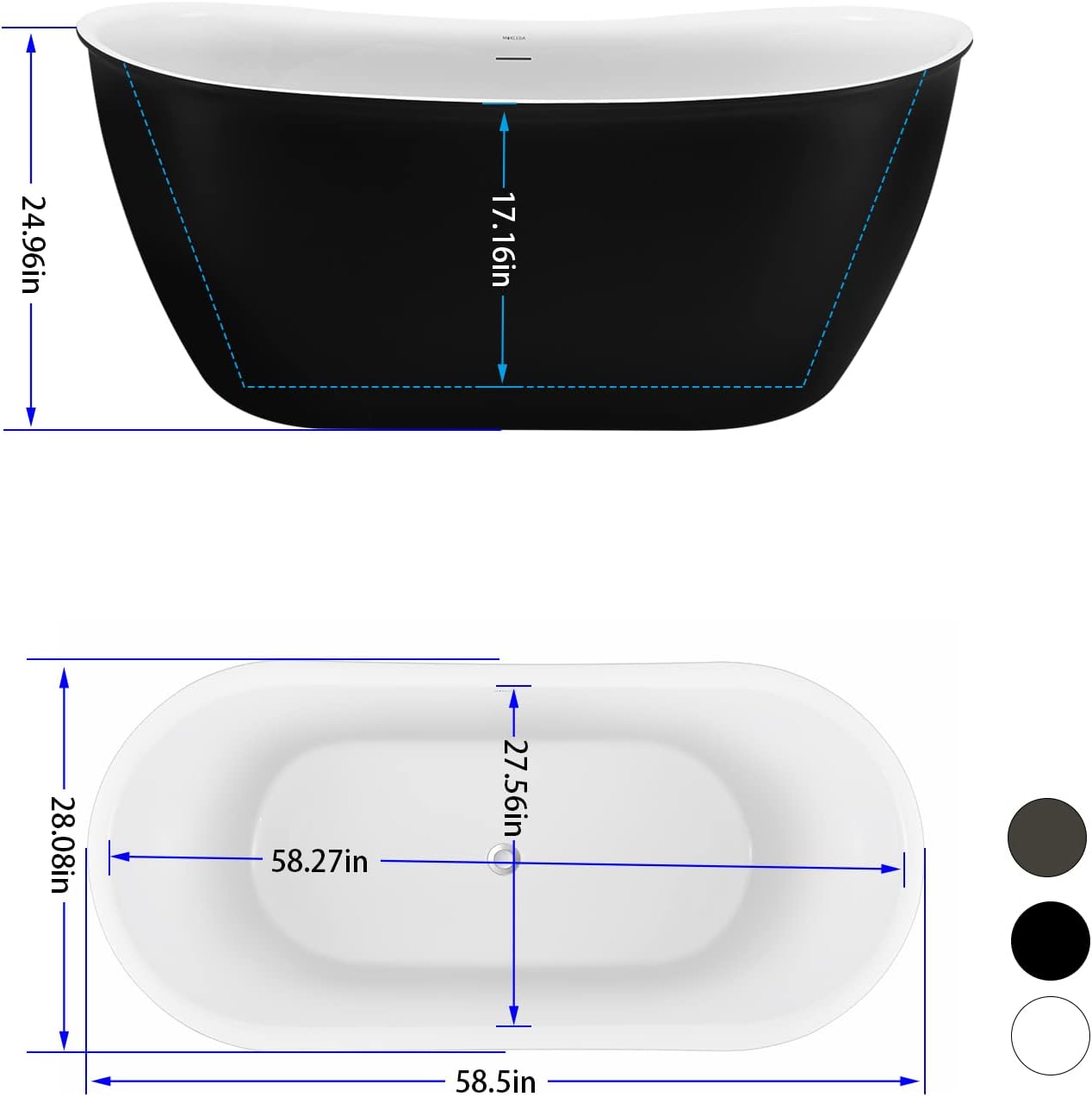 59' Lucite Acrylic Freestanding Bathtub, Double Slipper Shape Contemporary Soaking Tub with Toe-tap Chrome Center Drain, Slotted Overflow, cUPC Certified,Matte Black