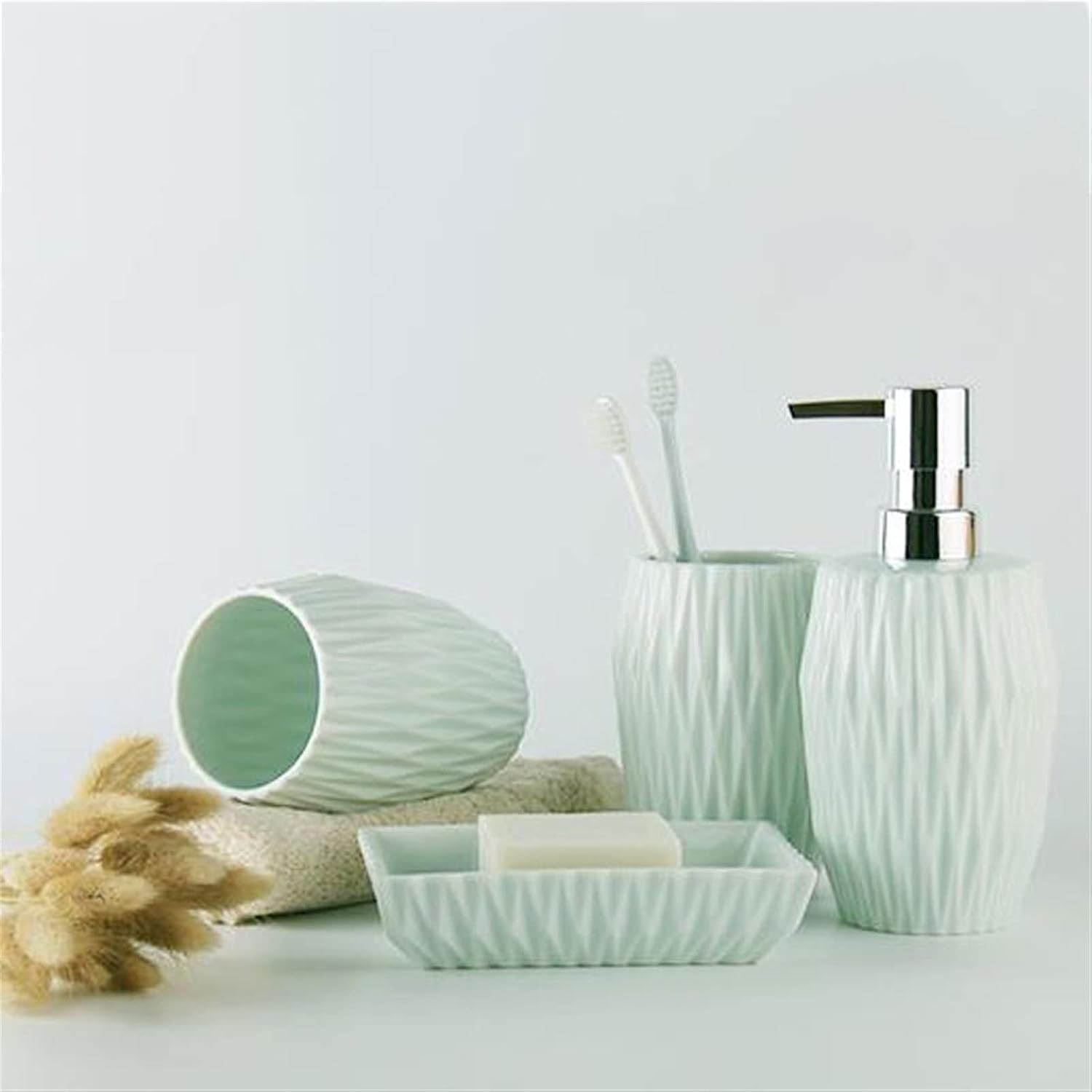 Soap Dispenser/Dispenser for Handwashing Fluid Bathroom Accessories Set Ceramic 4 Pieces Bathroom Ensemble for Bath Decor with Soap Dispenser Toothbru(Light Green)