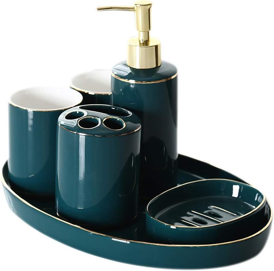 Kitchen Soap Dispenser Dark Blue Gold Edge Ceramic Bathroom Accessories Supplies Six-piece Set Containing Soap Dispenser Mouthwash Cup Toothbrush Holder Soap Box and Tray Countertop Soap Dispensers