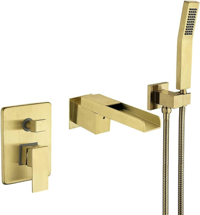 Bathtub Faucet with Shower Set, Bathtub Mixer Tap with Brass Hand Shower Bath Faucet, with 1.5m Shower Hose, Bathroom Shower with Hand Shower Swivel Waterfall Spout, Bathroom Taps Set,Brushed Gold