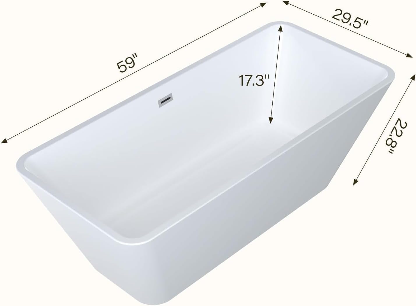 59' Acrylic Freestanding Soaking Bathtub, Matte Drain & Black Overflow, Modern Design Tub for Home Bathroom Renovations, Glossy White