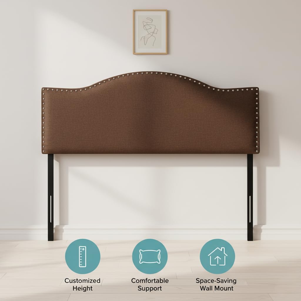 Naomi Home Adjustable Linen Headboard Queen with Nailhead Trim - Breathable Comfort and 12 Height Positions for Easy Style Upgrade - Espresso