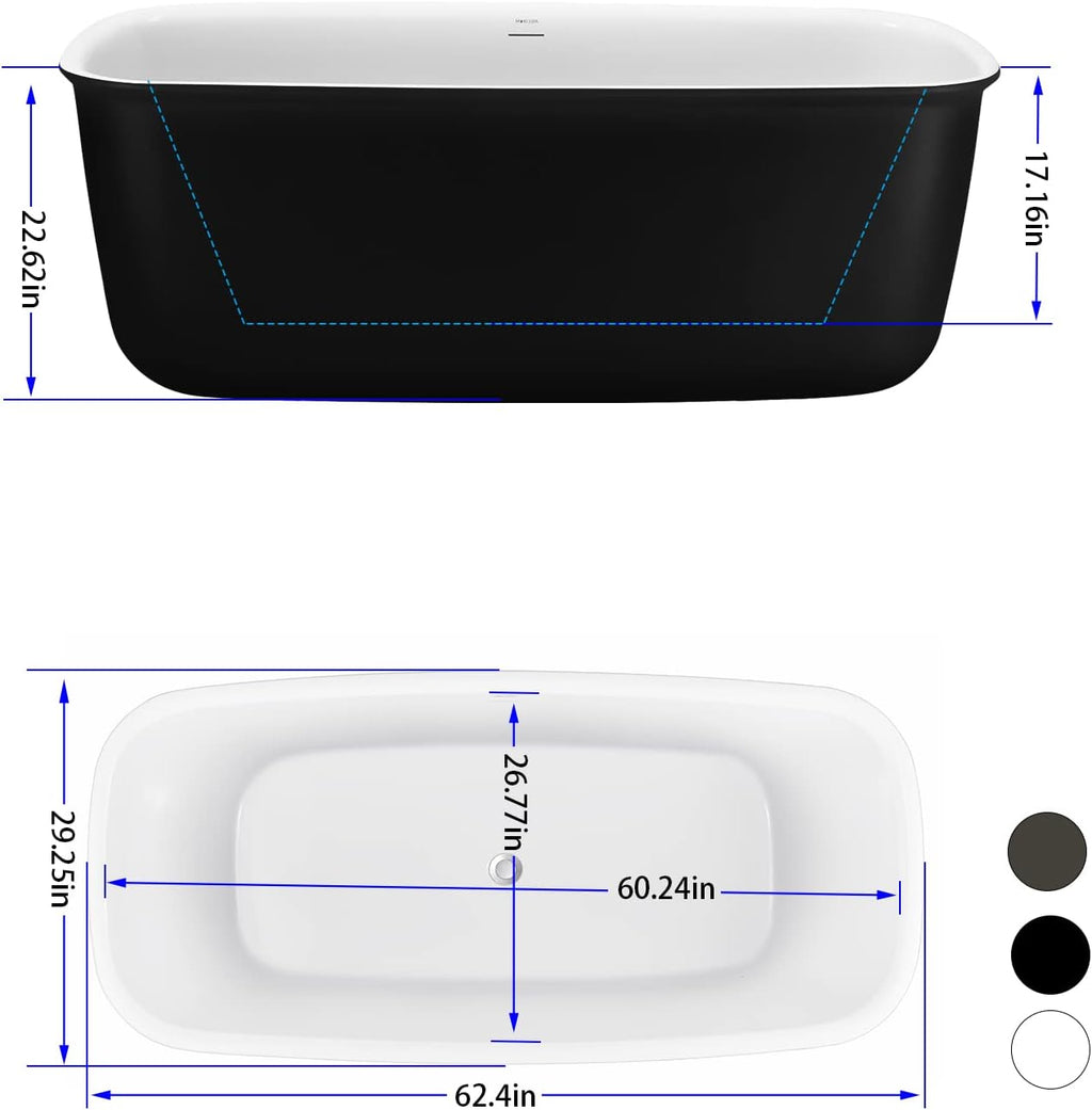 59' Lucite Acrylic Freestanding Bathtub, Rectangular Shape Contemporary Soaking Tub with Toe-tap Chrome Center Drain, Slotted Overflow, cUPC Certified, Matte Black